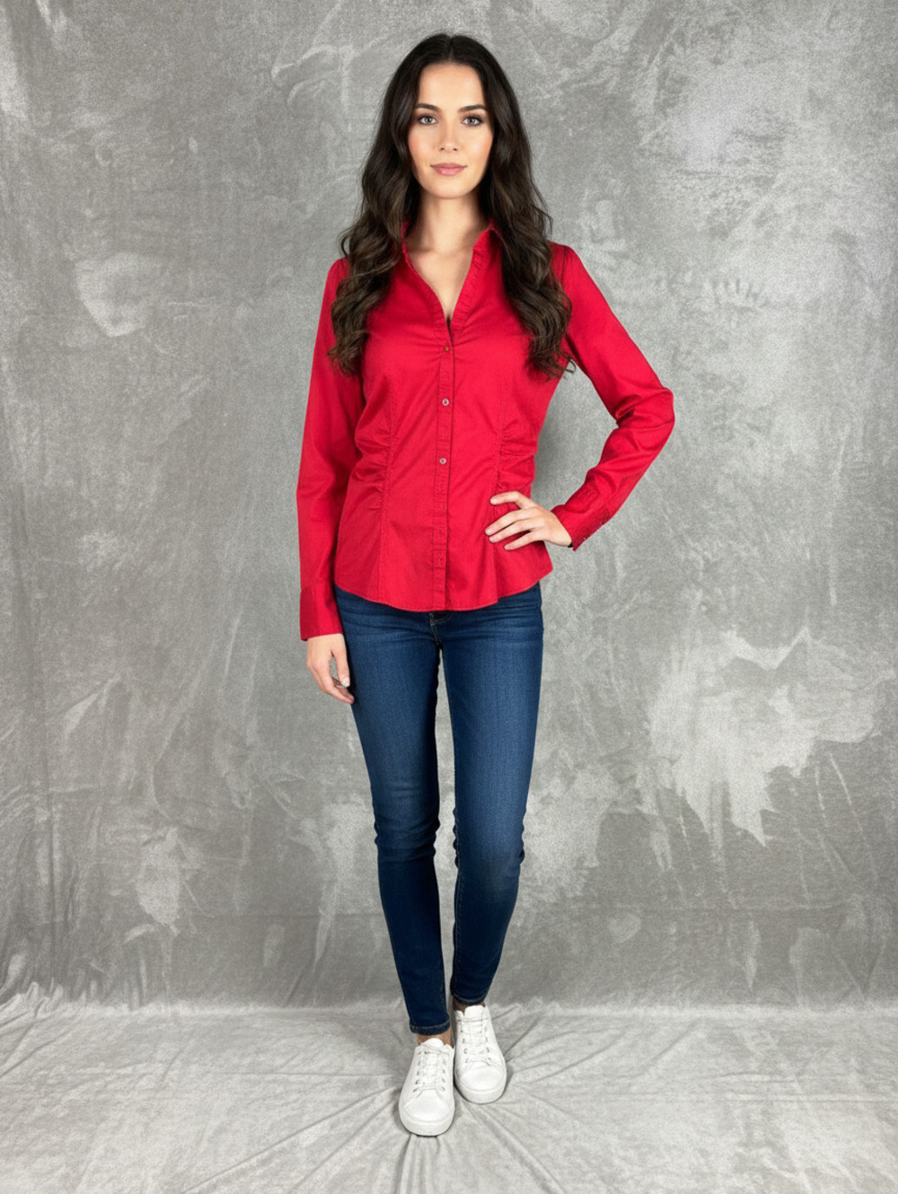 New York & Company Red Stretch Button-Up Shirt - Size Medium